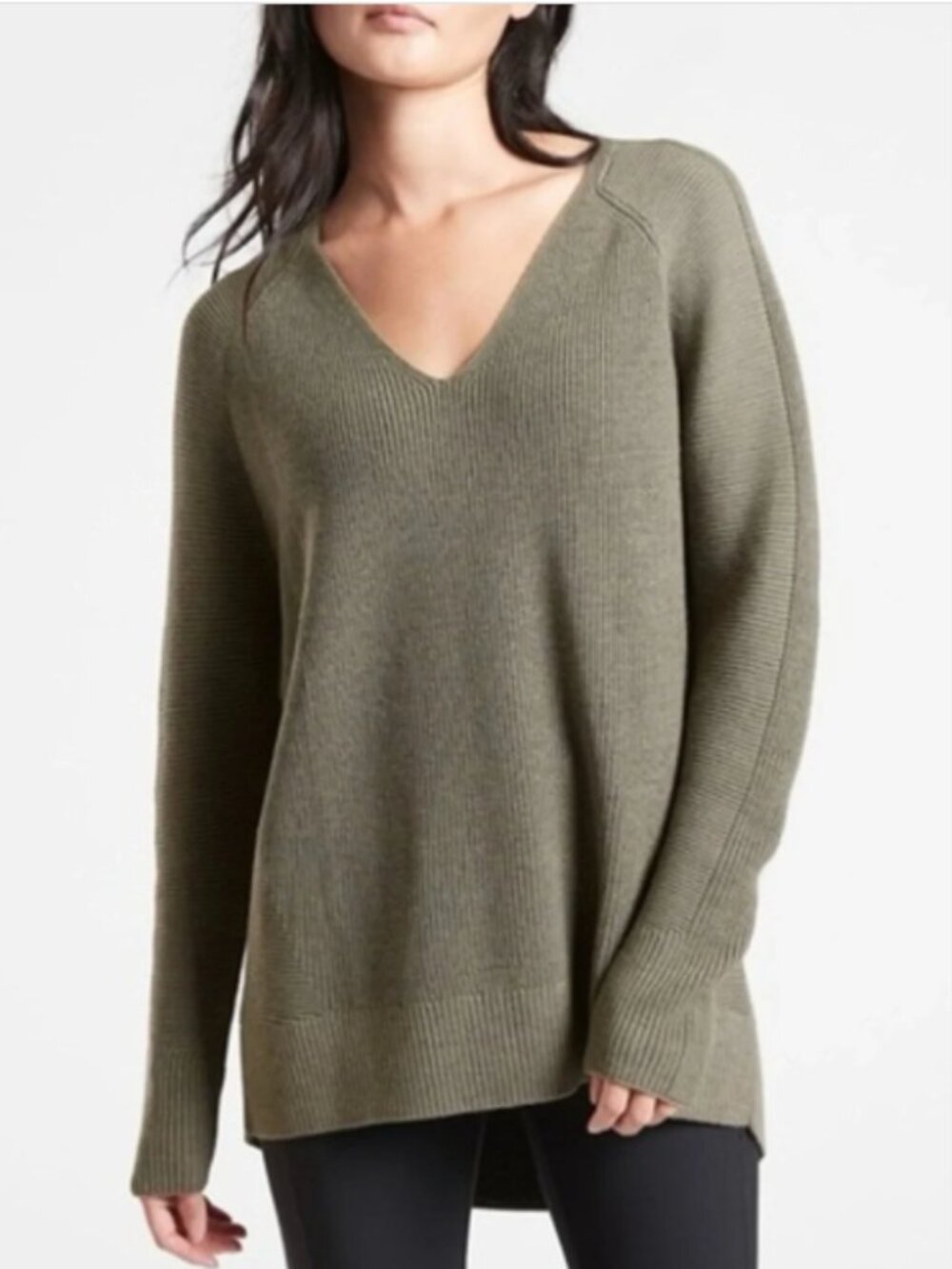 Athleta Hanover V-Neck Merino Wool Sweater size large olive green